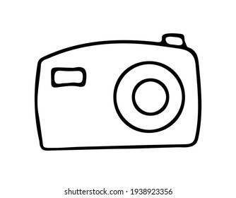 Photo camera drawn in outline style in doodle style. Equipment for photographs. Digital technology. Vector illustration isolated on white background.