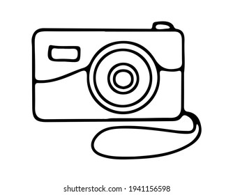 Photo camera drawn in outline style in doodle style.  Equipment for photographs.  Vector illustration isolated on white background.