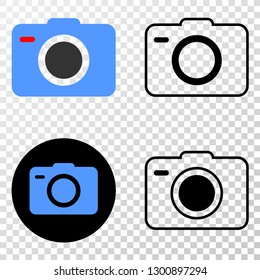 Photo camera EPS vector pictogram with contour, black and colored versions. Illustration style is flat iconic symbol on chess transparent background.