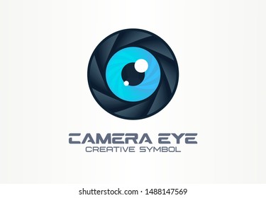 Photo camera eye, digital vision creative symbol concept. Cctv, video monitoring abstract business logo idea. Diaphragm, shutter lens icon. Corporate identity logotype, company graphic design tamplate