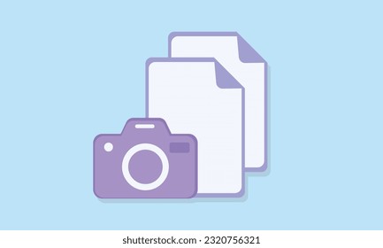 Photo camera with files icon sign. File and photo management concept. Raw document. Photo report and photography storage.