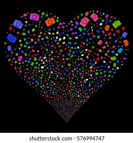 Photo Camera fireworks with heart shape. Vector illustration style is flat bright multicolored iconic symbols on a black background. Object salute made from confetti pictograms.
