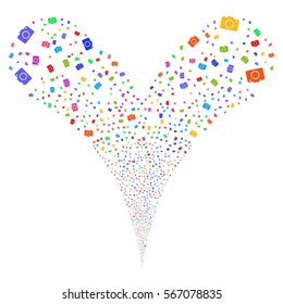 Photo Camera fireworks stream. Vector illustration style is flat bright multicolored iconic symbols on a white background. Object double fountain organized from random pictographs.