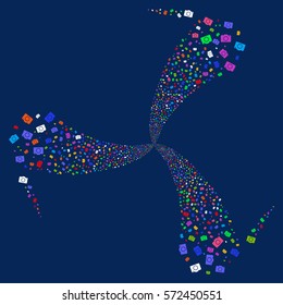 Photo Camera fireworks swirl rotation. Vector illustration style is flat bright multicolored iconic symbols on a blue background. Object spiral created from random design elements.