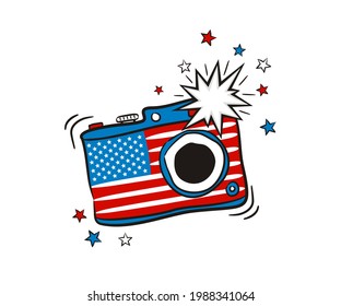 Photo camera with flash in the colors of the USA national flag. Cartoon object for July 4th in the colors of the United States of America. Vector illustration for holiday or election.