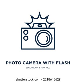 photo camera with flash icon from electronic stuff fill collection. Thin linear photo camera with flash, image, equipment outline icon isolated on white background. Line vector photo camera with flash