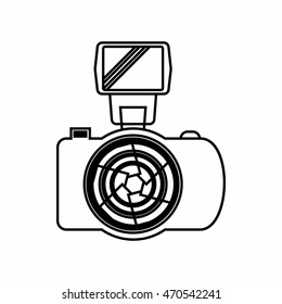 Photo camera with flash icon in outline style isolated on white background. Shooting symbol