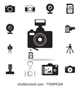 photo camera with flash icon with shadow. Set of Photo elements icon. Photo camera quality graphic design collection icons for websites, web design, mobile app on white background