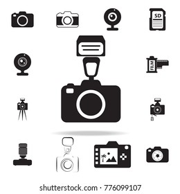 photo camera with flash icon with shadow. Set of Photo elements icon. Photo camera quality graphic design collection icons for websites, web design, mobile app on white background