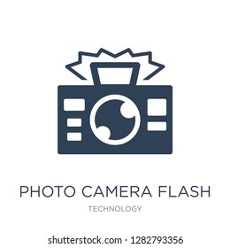 photo camera flash icon vector on white background, photo camera flash trendy filled icons from Technology collection, photo camera flash vector illustration