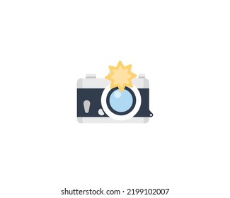 Photo camera with flash light vector isolated emoji icon. Photo camera emoticon