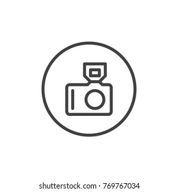 Photo camera with flash line icon, outline vector sign, linear style pictogram isolated on white. Camera symbol, logo illustration. Editable stroke