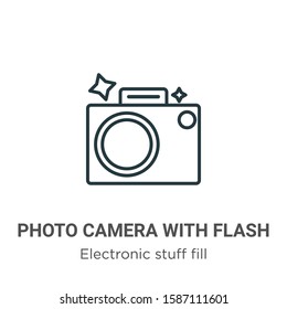 Photo camera with flash outline vector icon. Thin line black photo camera with flash icon, flat vector simple element illustration from editable electronic stuff fill concept isolated on white 