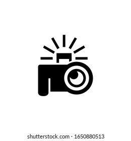 Photo camera with flash vector icon in black solid style isolated on white background