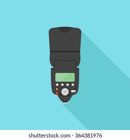 Photo camera flash vector illustration in flat style with long shadow on blue background