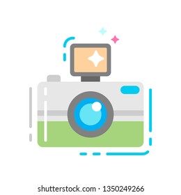 Photo camera flat color icon. Photo session. Taking pictures. Sign for web page, mobile app, banner, social media, magazine. Pictogram UI/UX and GUI user interface. Vector clip art, template.