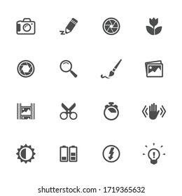 Iconos planos de cámara fotográfica en gris. Conjunto de 16 piezas