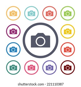 photo camera flat icons set. Open round colorful buttons. Vector 