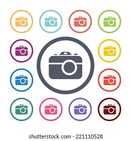 photo camera flat icons set. Open round colorful buttons. Vector 