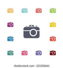 photo camera flat icons set. Open round colorful buttons. Vector 