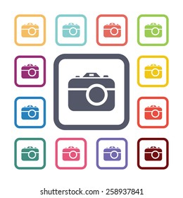 photo camera flat icons set. Open round colorful buttons. Vector 