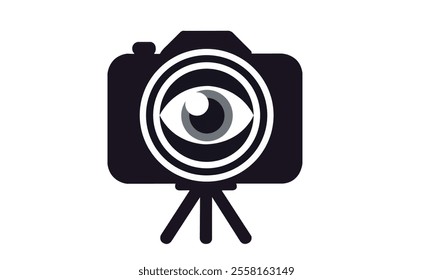Photo camera in flat style. Camera symbol. camera with a lens that has the shape of an eye. The camera is sitting on a tripod. The background is white.