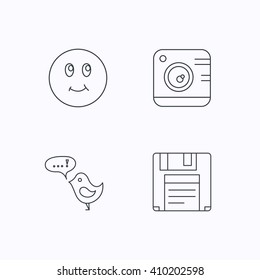 Photo camera, floppy disk and message icons. Smiling face linear sign. Flat linear icons on white background. Vector