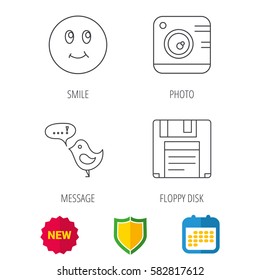 Photo camera, floppy disk and message icons. Smiling face linear sign. Shield protection, calendar and new tag web icons. Vector