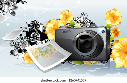 Photo camera and photo, with flora design