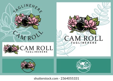 Photo camera with flowers and leaves. Camera outline.
for logos and t-shirt designs