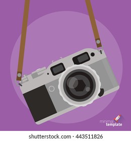 Icono de interfaz de diseño de flt de cámara fotográfica. Icono de cámara retro para interfaz, aplicación y diseño web. Cámara fotográfica vintage con correa, icono de diseño plano que se burla de la galería de fotos, colección de imágenes.