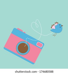 Photo camera with flying bird. Love card . Vector illustration.