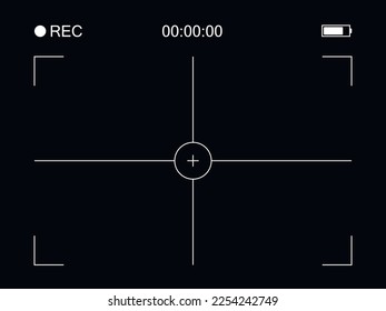 Photo camera frame cross viewfinder template. Vector illustration with rec, time, battery at dark background.