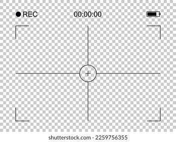 Photo camera frame cross viewfinder template. Vector illustration with rec, time, battery.