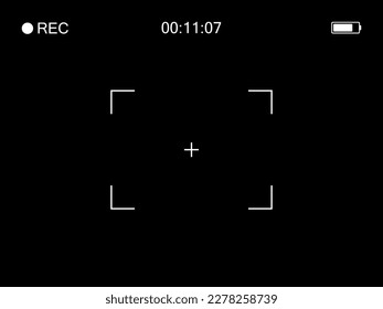 Photo camera frame viewfinder. Video recording screen. Modern focusing screen. Vector illustration on black background.