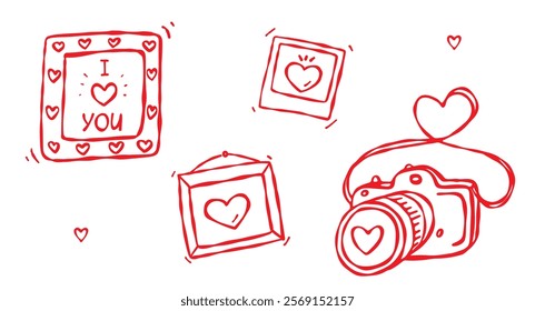 A photo camera with frames and a polaroid photo. Doodle style, hand drawn isolated elements, love theme. Valentines, anniversaries, weddings. For web and digital design, prints, stickers, gifts, cards