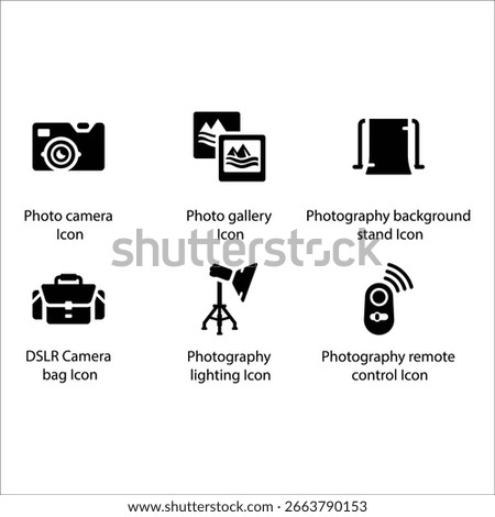 Photo camera, Photo gallery, Background stand, Camera bag, Photography lighting, Remote control, icon