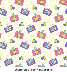 Photo camera geometric seamless pattern in 80s, 90s style. Modern textile print. Wrapping paper, gift card, poster, banner design. Vector illustration