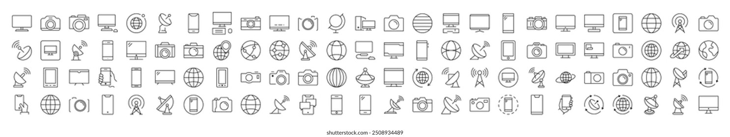 Câmera Fotográfica, Globo, Computador, Localizador De Rádio, Pacote De Ícones De Linha Telefônica. Traço editável. Pictograma Linear Minimalista para Design de Cartões, Aplicativos, Banners, Posts