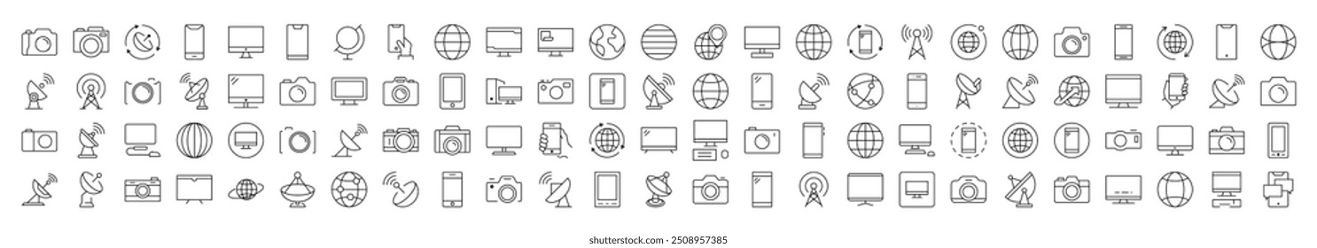 Cámara de fotos, Globo, Computadora, Localizador de radio, Línea de contorno de teléfono Iconos de Web Colección. Trazo Editable. Pictograma lineal minimalista para el diseño de tarjetas, App, Anuncios, publicaciones