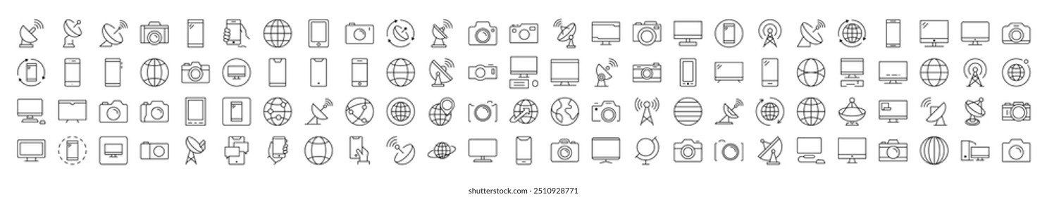 Photo Camera, Globe, Computer, Radio Locator, Phone Line Icon Pack. Editable Stroke. Minimalistic Linear Pictogram for Design of Cards, Apps, Banners, Posts