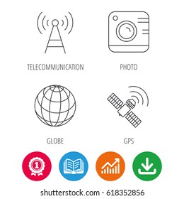 Photo camera, globe and gps satellite icons. Telecommunication station linear sign. Award medal, growth chart and opened book web icons. Download arrow. Vector