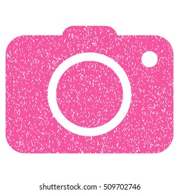 Photo Camera grainy textured icon for overlay watermark stamps. Flat symbol with scratched texture. Dotted vector pink ink rubber seal stamp with grunge design on a white background.