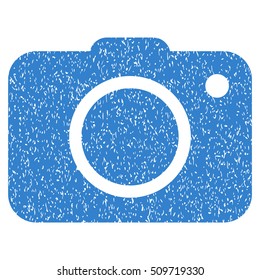 Photo Camera grainy textured icon for overlay watermark stamps. Flat symbol with scratched texture. Dotted vector cobalt ink rubber seal stamp with grunge design on a white background.
