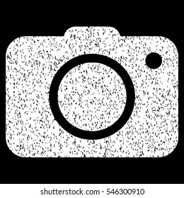 Photo Camera grainy textured icon for overlay watermark stamps. Flat symbol with dust texture. Dotted vector white ink rubber seal stamp with grunge design on a black background.