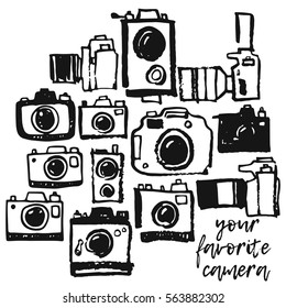 Photo camera hand drawing grunge doodle collection set