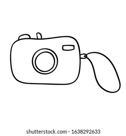 Photo camera in hand drawn doodle style. Vector Isolated object on a white background. Single design element for children's books-paints,logo, posters, school project, print, banner.  