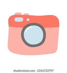 Photo camera hand drawn illustration. Cartoon style flat design, isolated vector. Summer print, seasonal element, holidays, vacations, beach, sightseeing, taking pictures