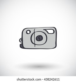 Photo camera. Hand-drawn doodle art supply icon with round shadow. Vector illustration.