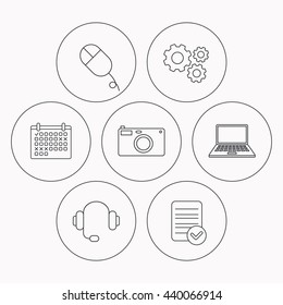Photo camera, headphones and notebook laptop icons. PC mouse linear sign. Check file, calendar and cogwheel icons. Vector